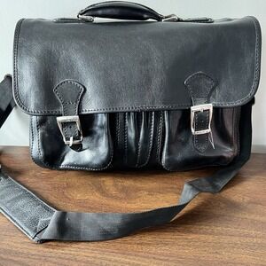 Floto Firenze‎ Black Leather Buckle Strap Briefcase Messenger Bag Made In Italy